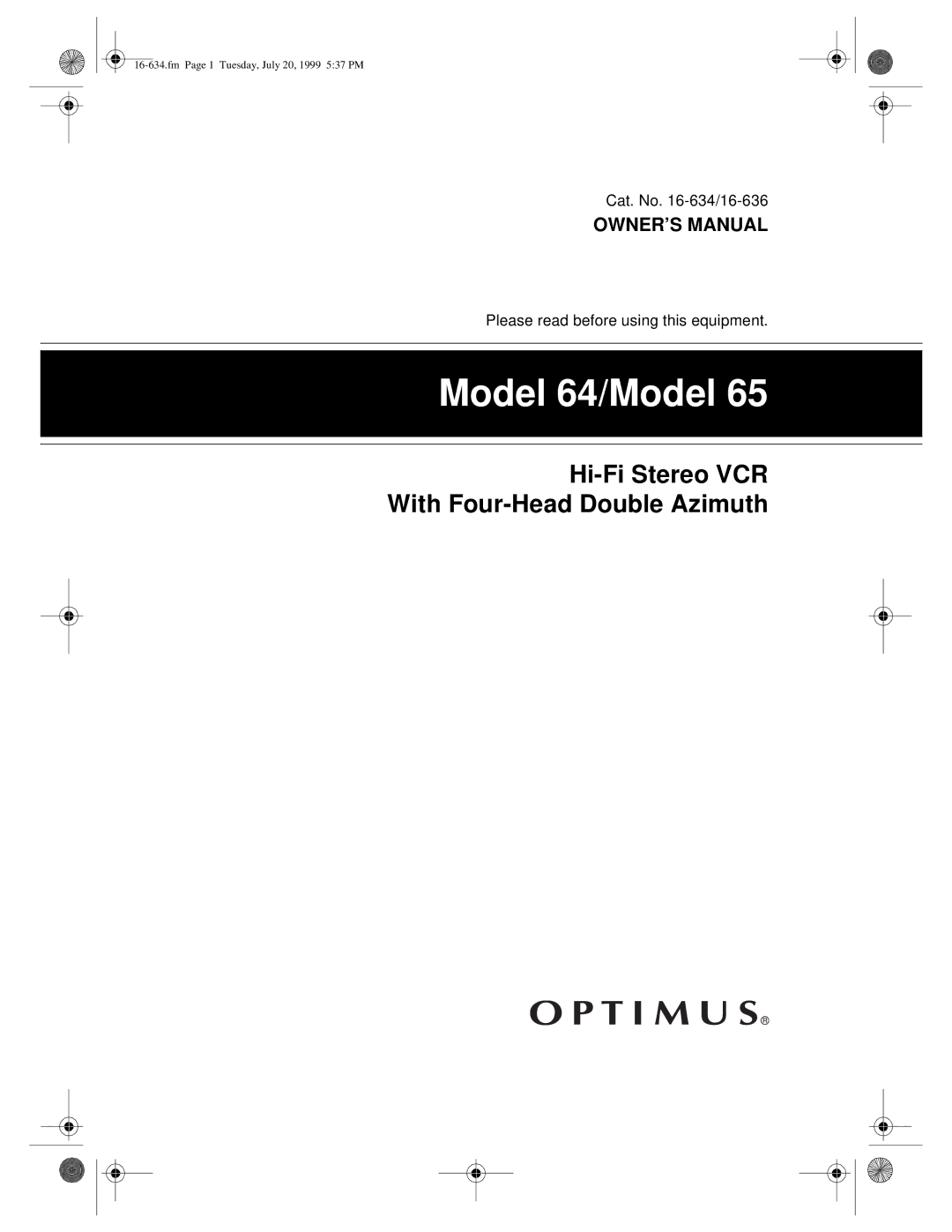 Optimus 65 owner manual Model 64/Model 