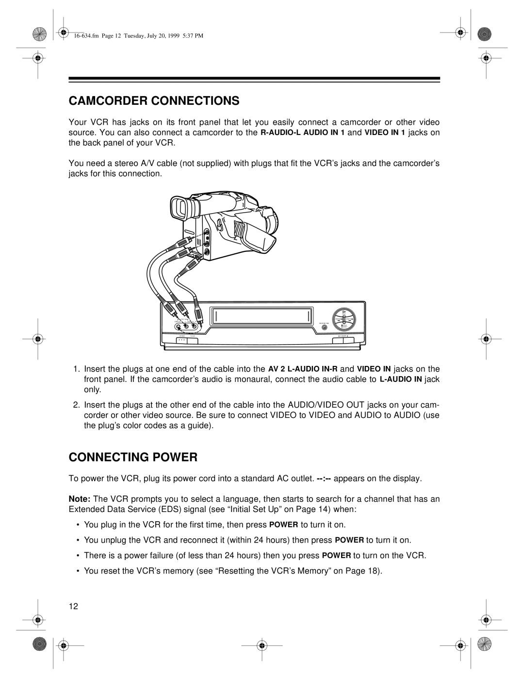 Optimus 65, 64 owner manual Camcorder Connections, Connecting Power 