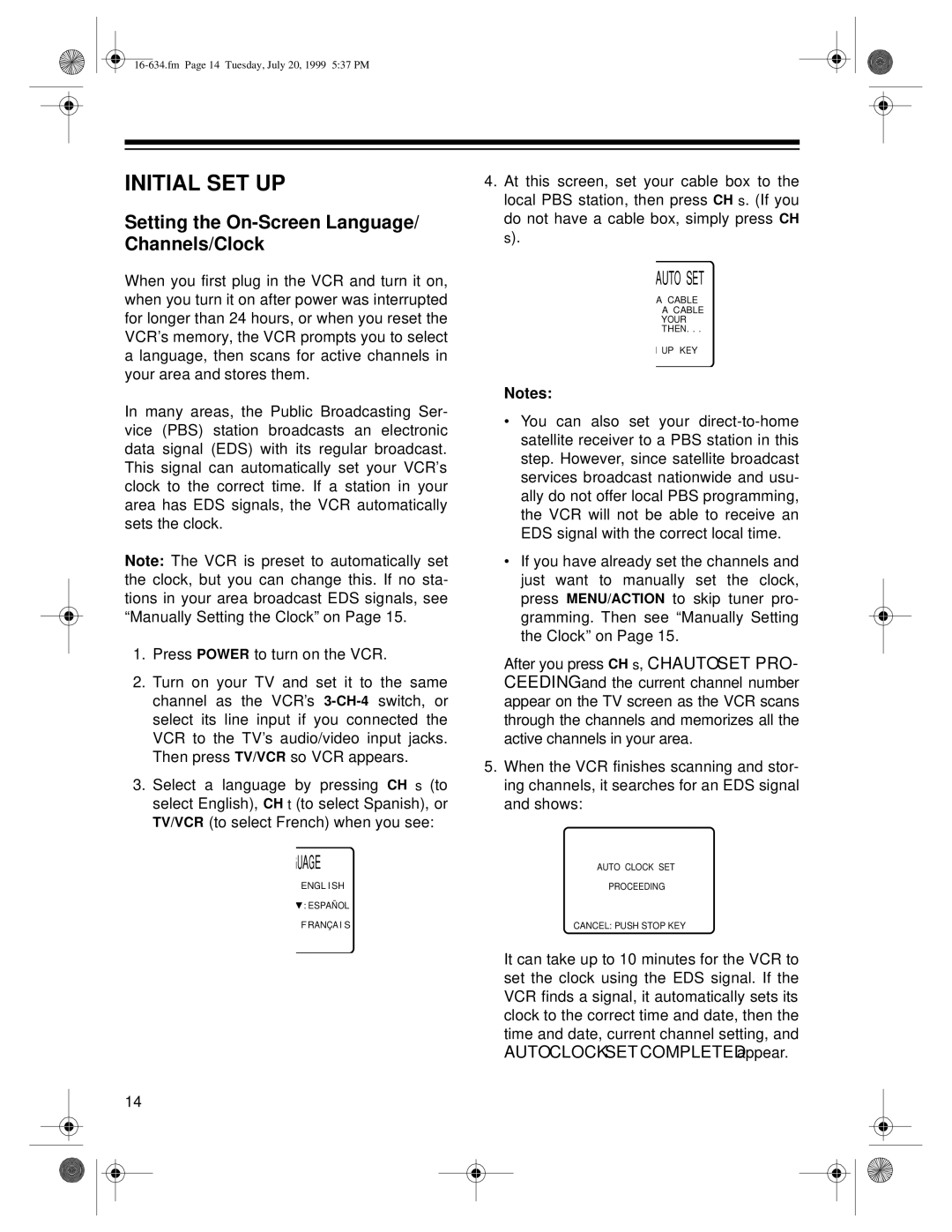 Optimus 65, 64 owner manual Initial SET UP, Setting the On-Screen Language/ Channels/Clock 