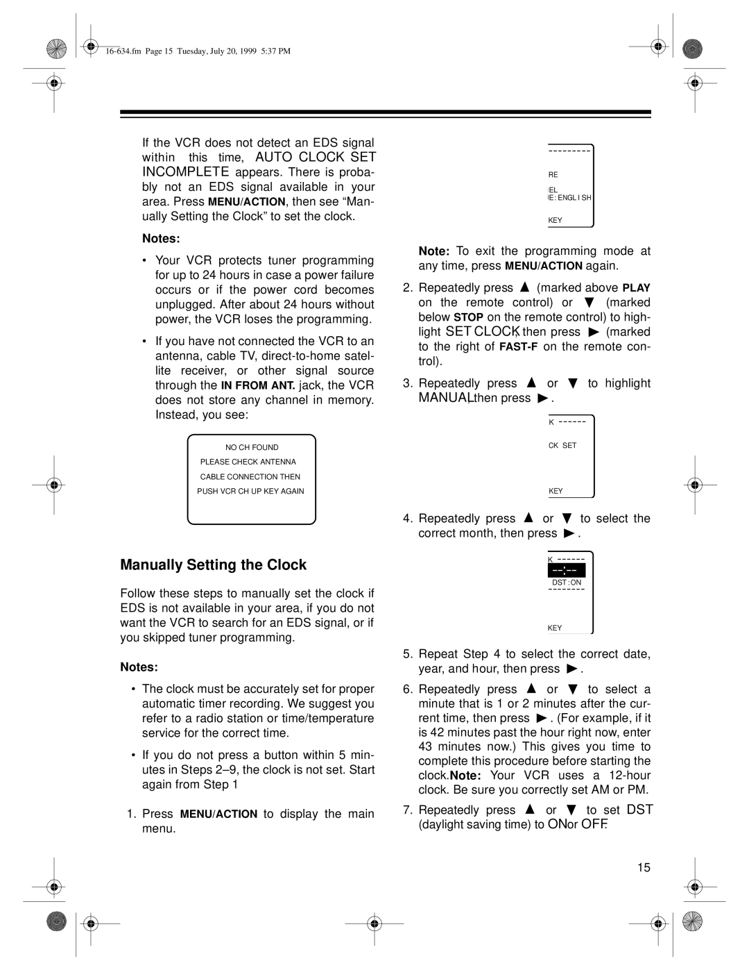 Optimus 64, 65 owner manual Manually Setting the Clock 