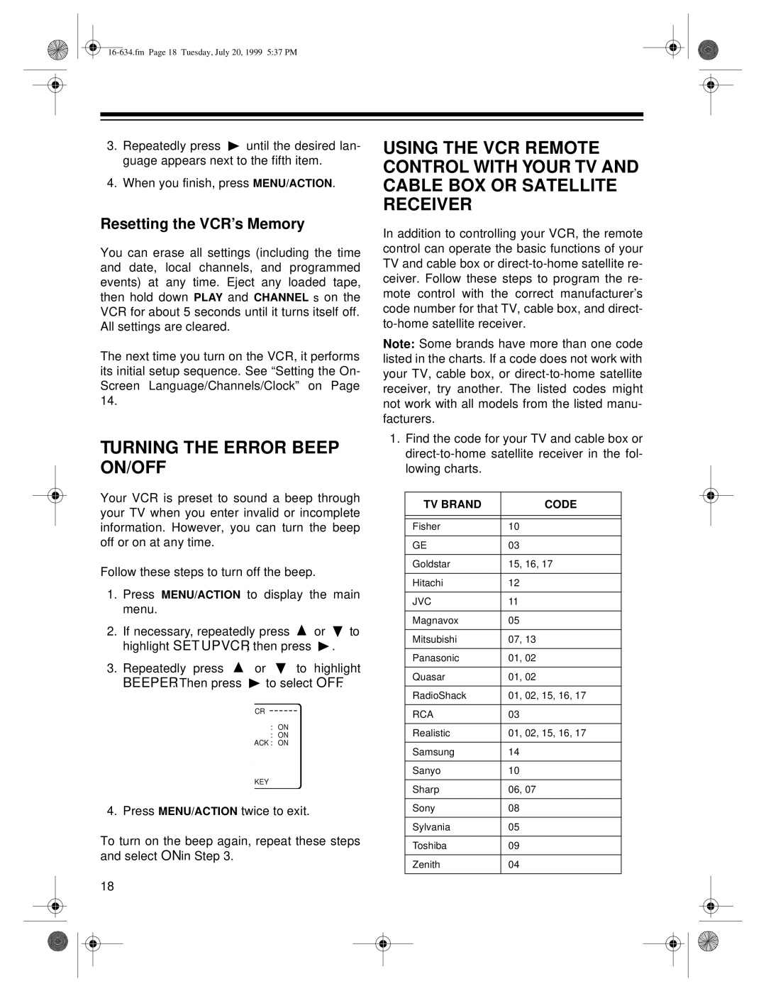 Optimus 65, 64 owner manual Turning the Error Beep ON/OFF, Resetting the VCR’s Memory 