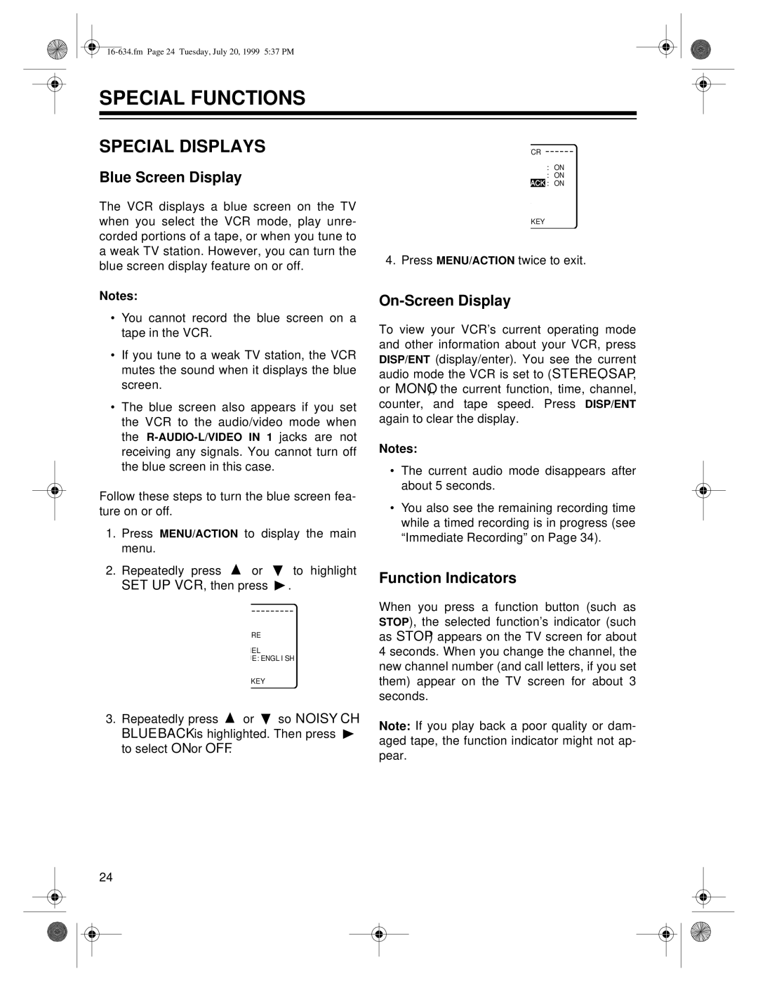 Optimus 65, 64 owner manual Special Functions, Special Displays, Blue Screen Display, On-Screen Display, Function Indicators 