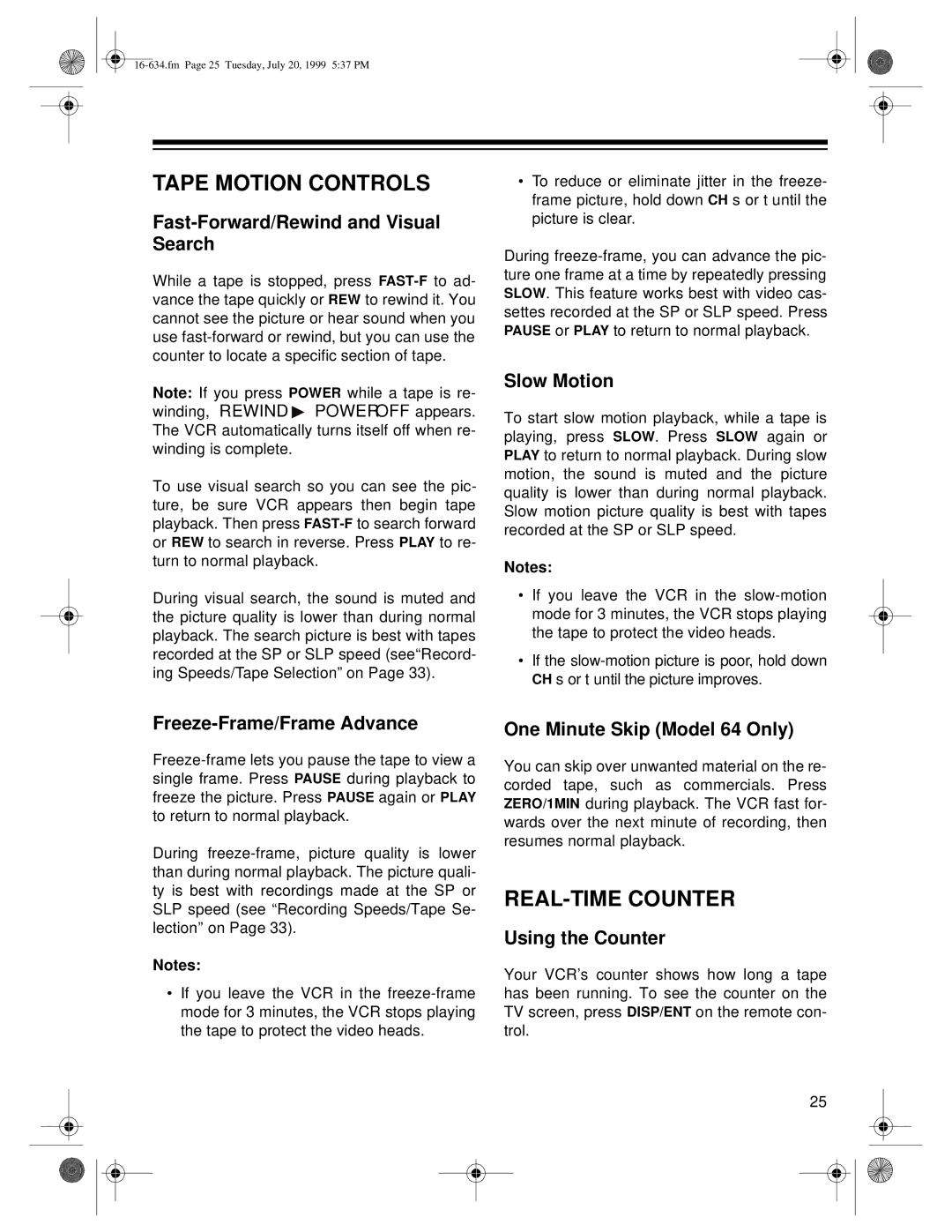 Optimus 64, 65 owner manual Tape Motion Controls, REAL-TIME Counter 