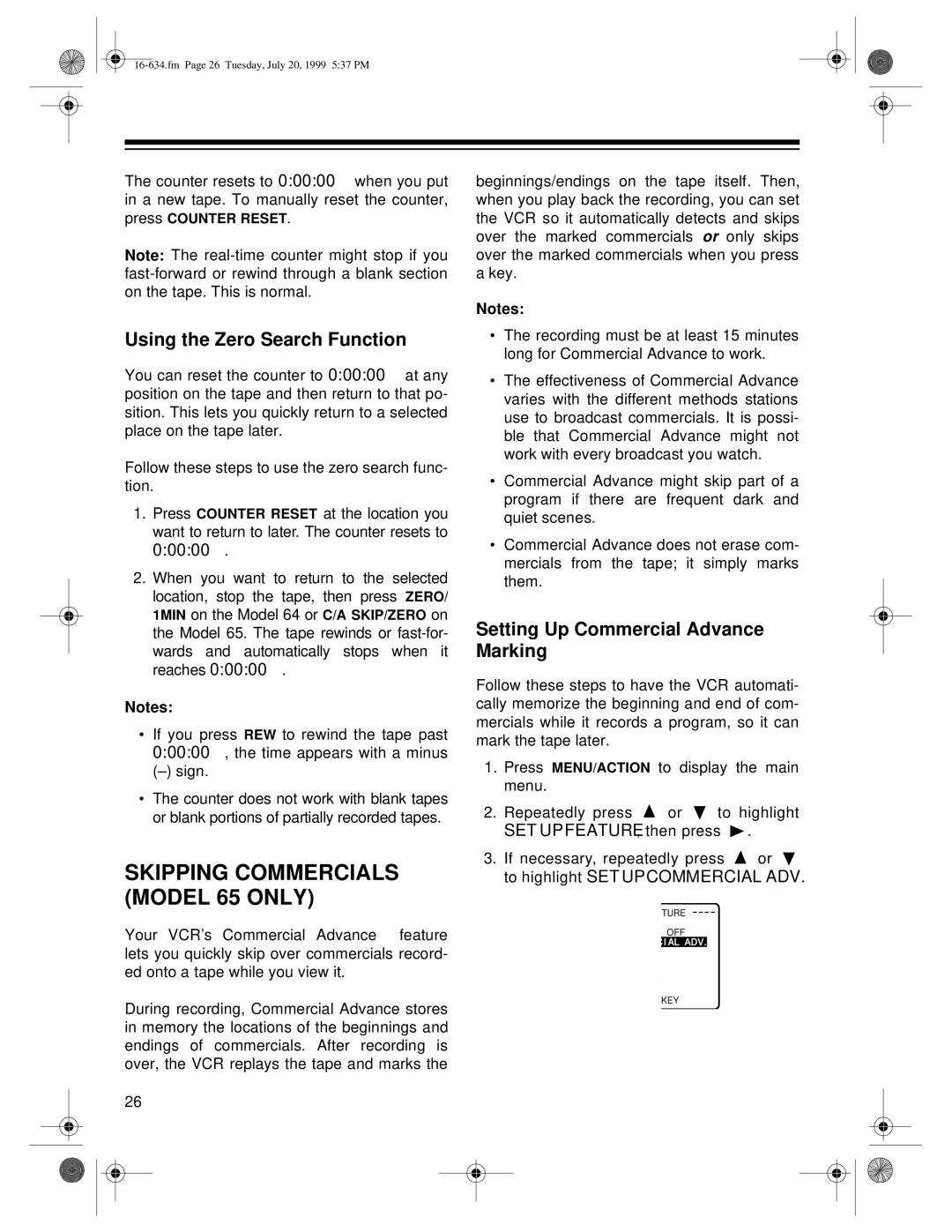 Optimus 65, 64 owner manual Using the Zero Search Function, Setting Up Commercial Advance Marking 