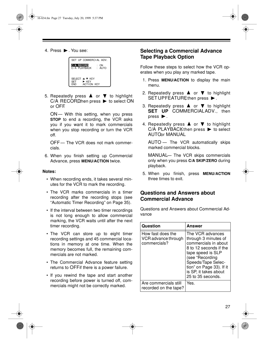 Optimus 64, 65 Selecting a Commercial Advance Tape Playback Option, Questions and Answers about Commercial Advance 