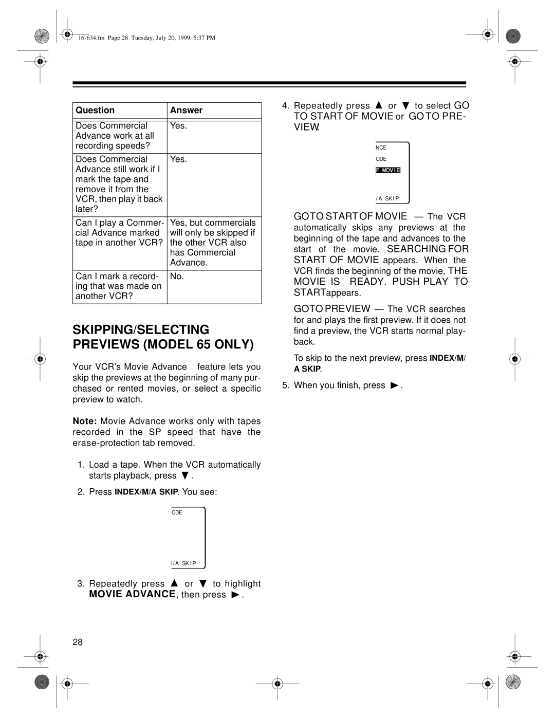 Optimus 64 owner manual SKIPPING/SELECTING Previews Model 65 only 