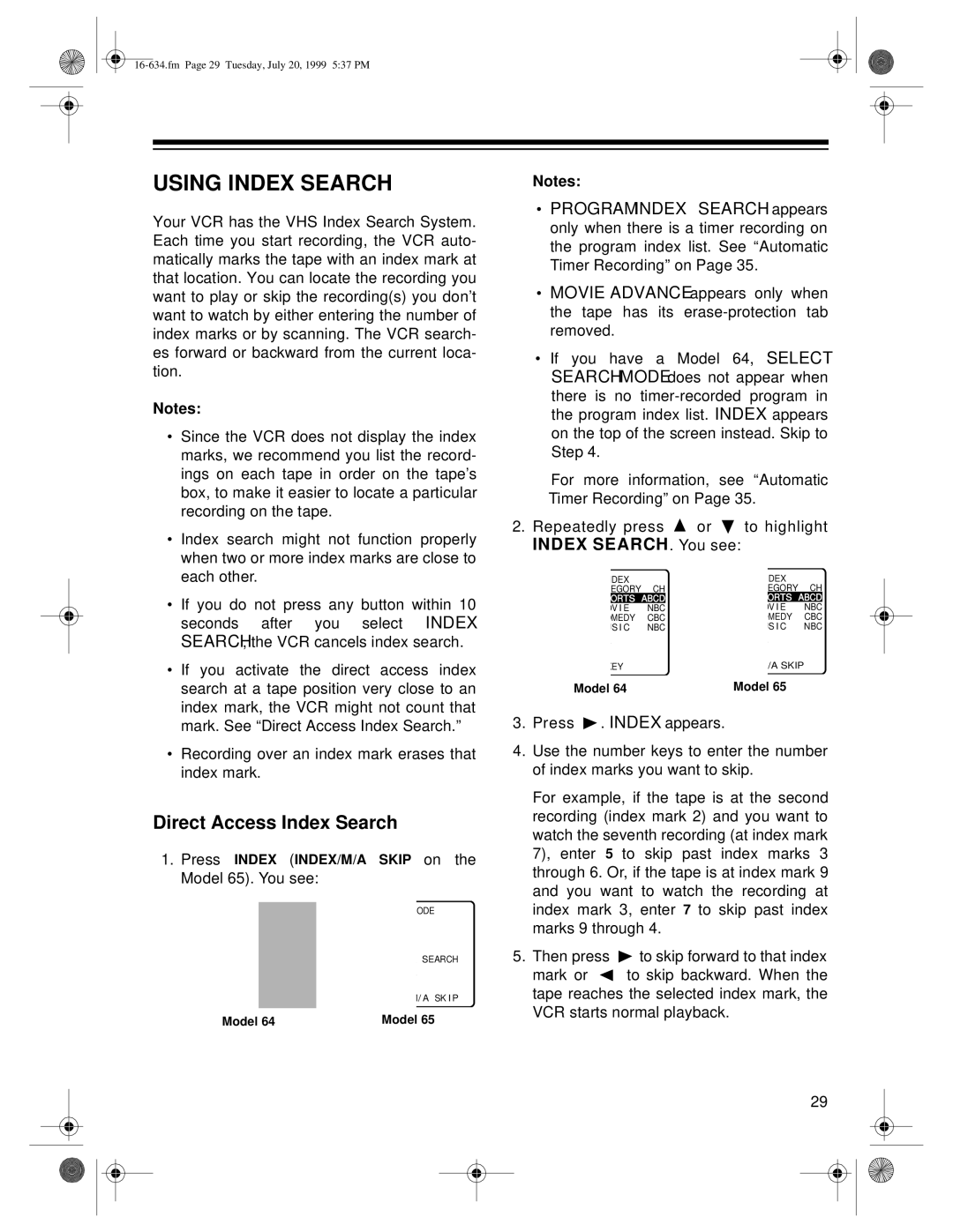 Optimus 64, 65 owner manual Using Index Search, Direct Access Index Search 