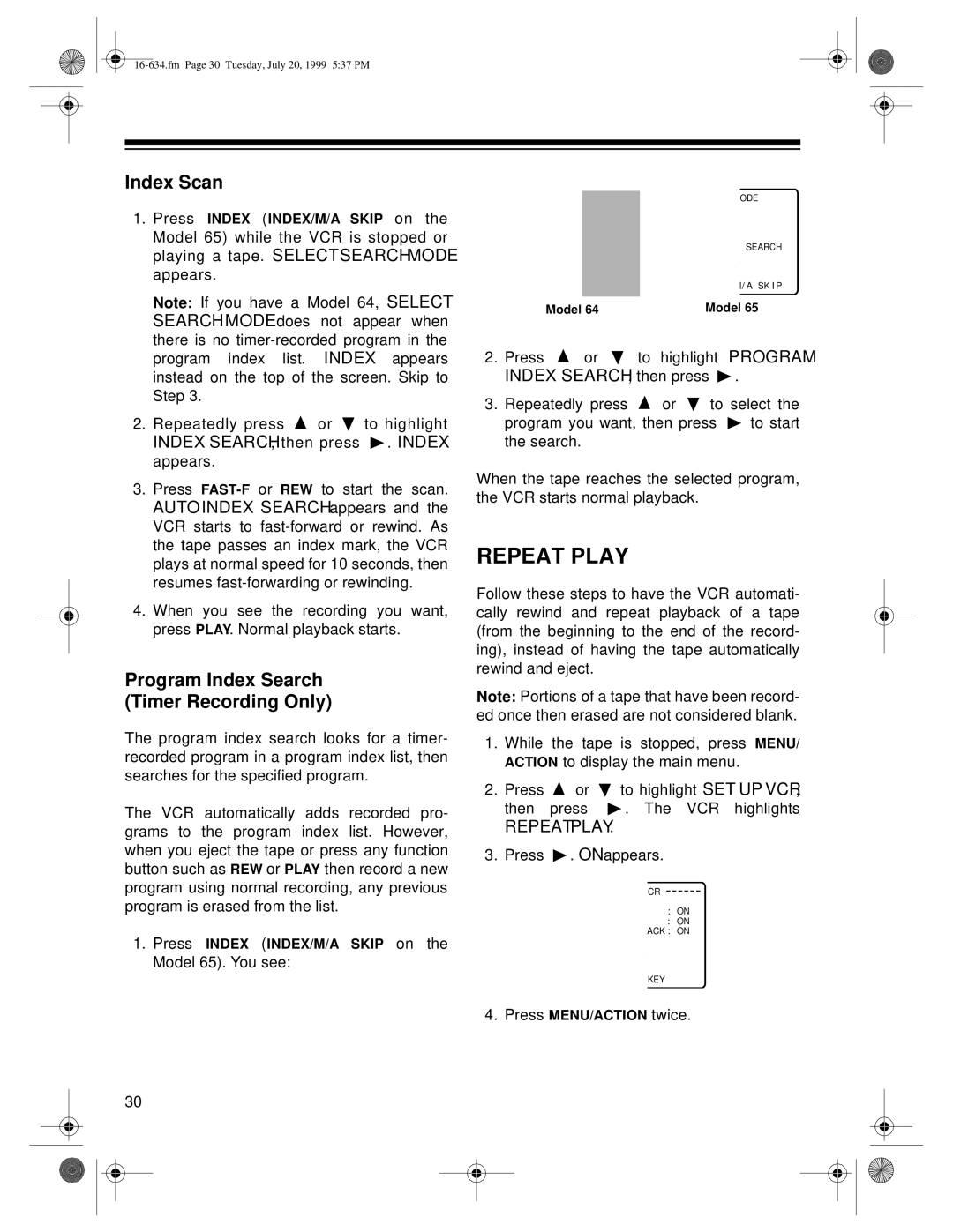 Optimus 65, 64 owner manual Repeat Play, Index Scan, Program Index Search Timer Recording Only 