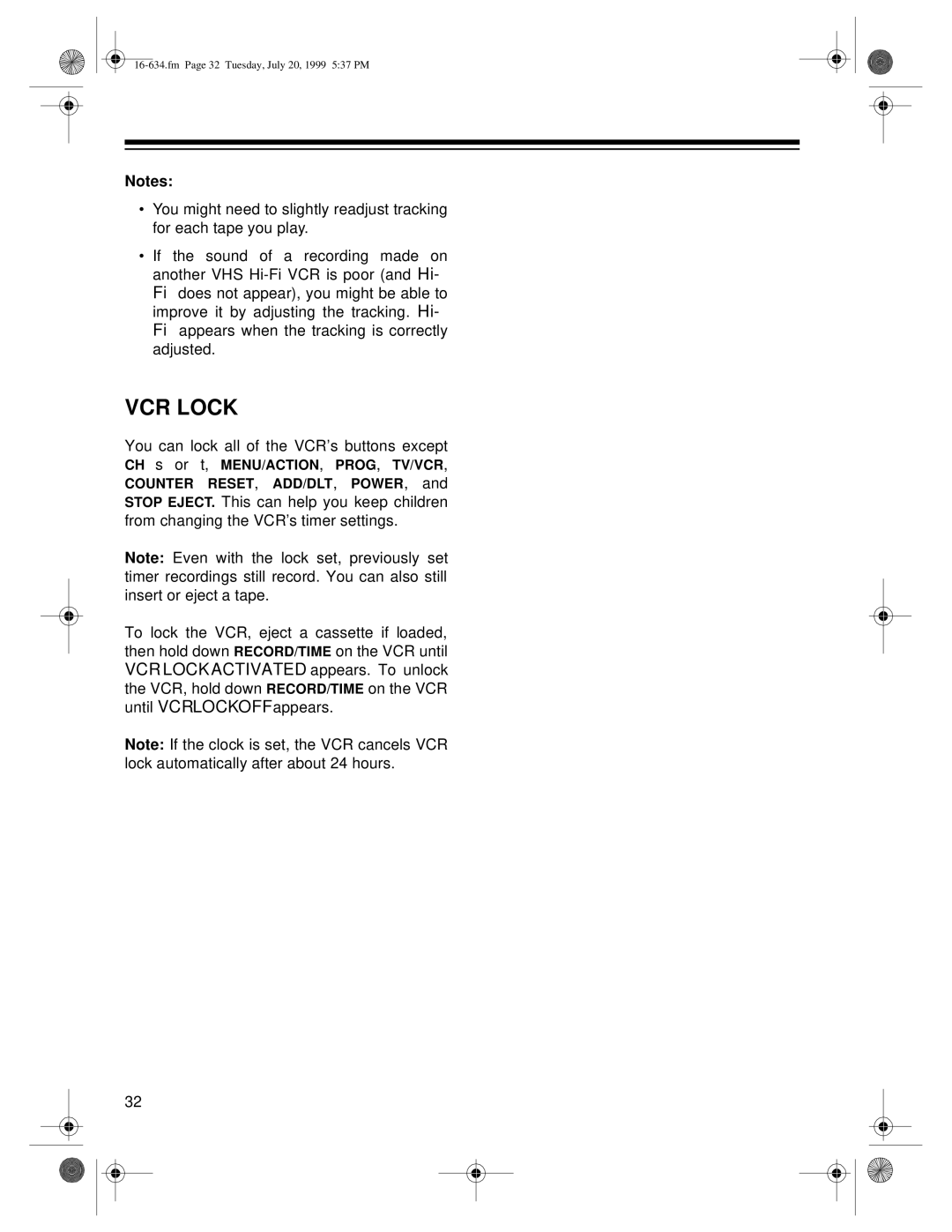 Optimus 65, 64 owner manual VCR Lock 