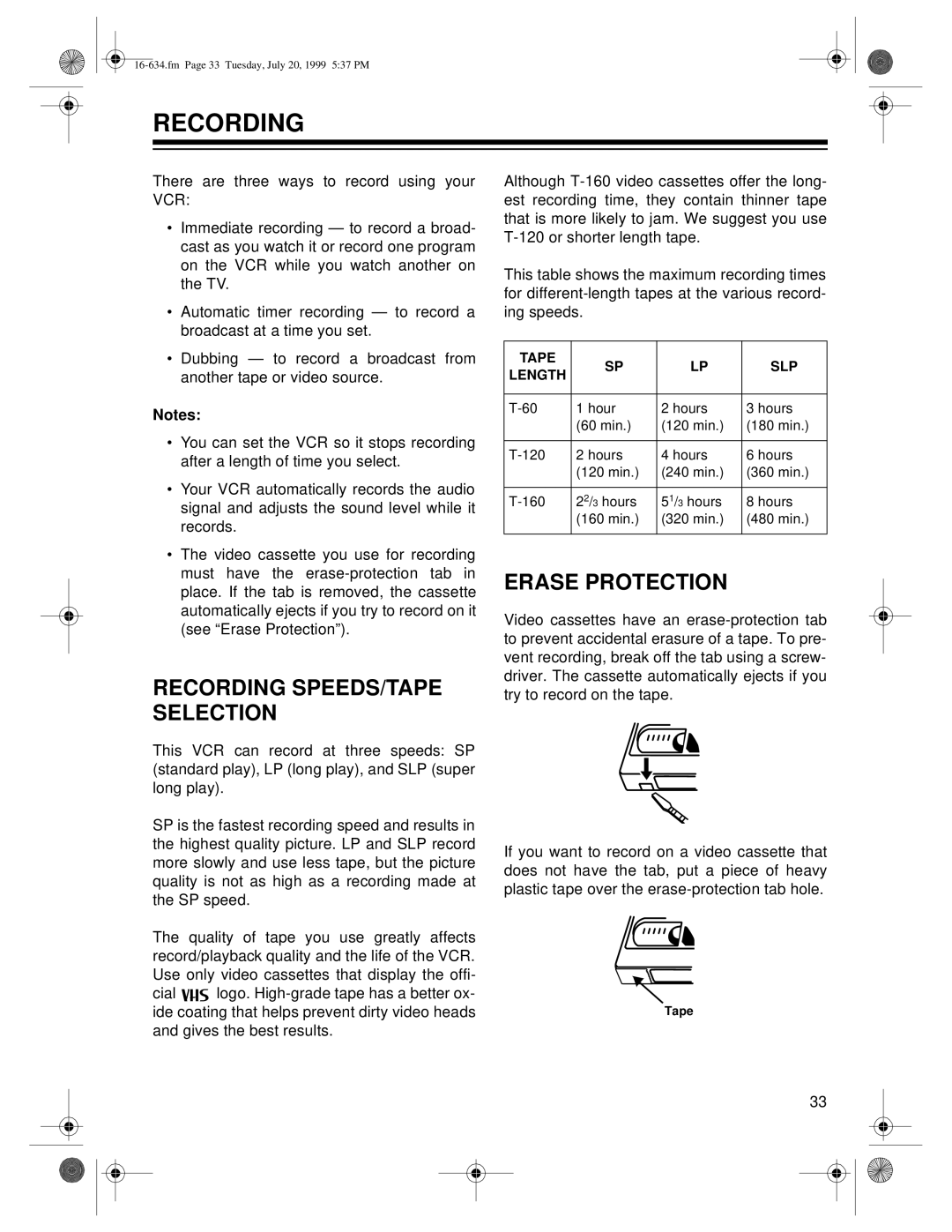 Optimus 64, 65 owner manual Recording SPEEDS/TAPE Selection, Erase Protection 