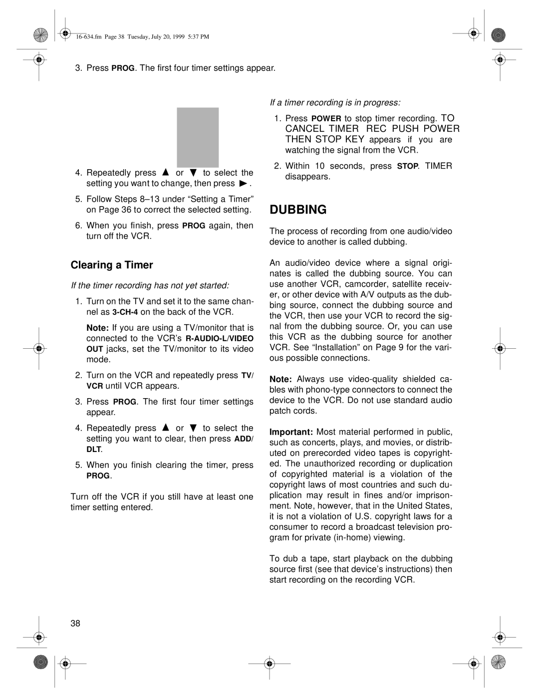 Optimus 65, 64 owner manual Dubbing, Clearing a Timer 