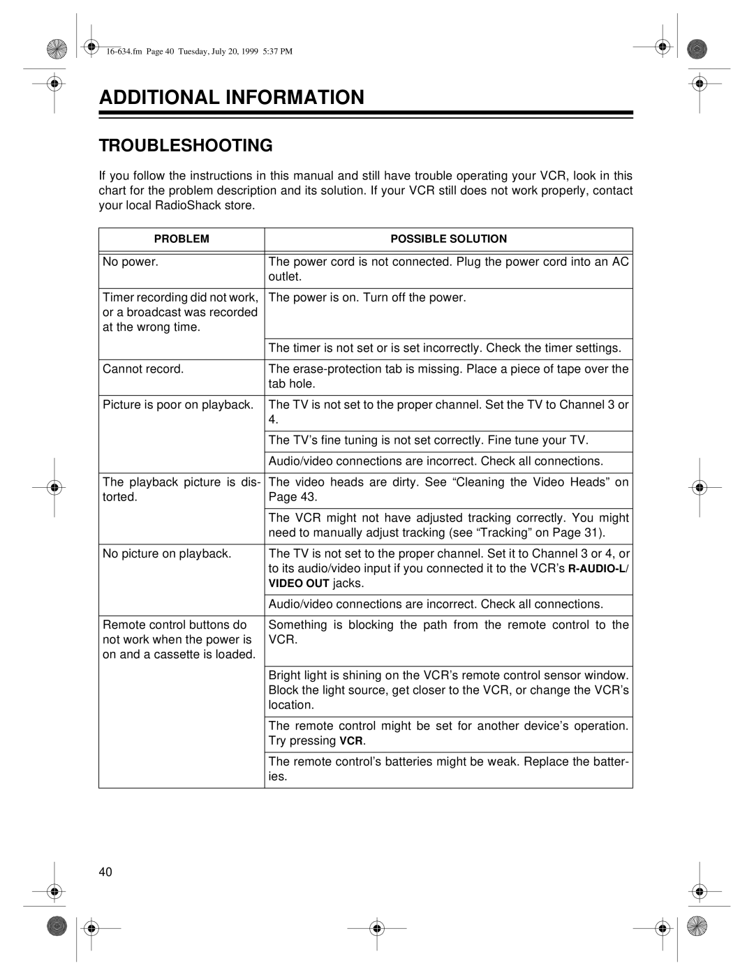 Optimus 65, 64 owner manual Additional Information, Troubleshooting 