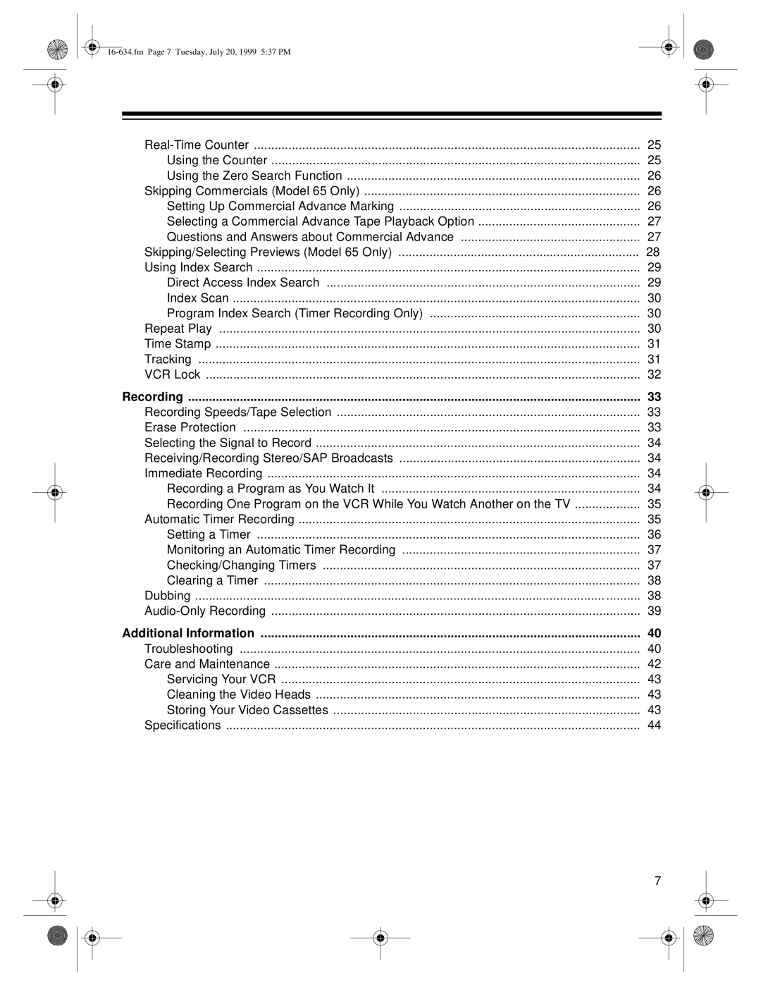 Optimus 64, 65 owner manual Recording Speeds/Tape Selection 