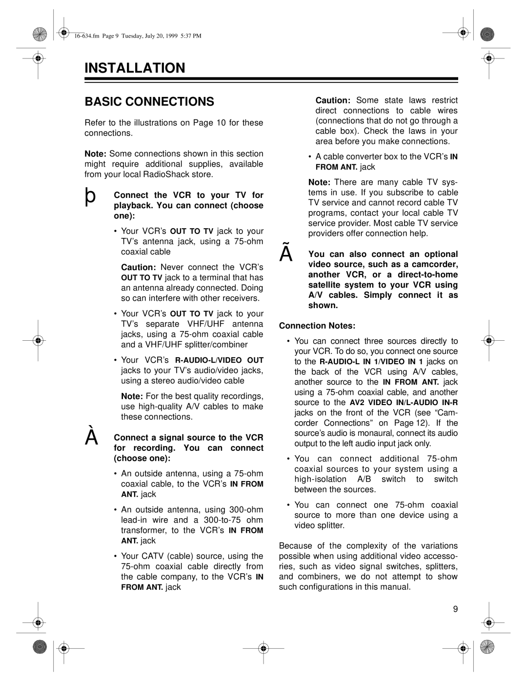 Optimus 64, 65 owner manual Installation, Basic Connections 