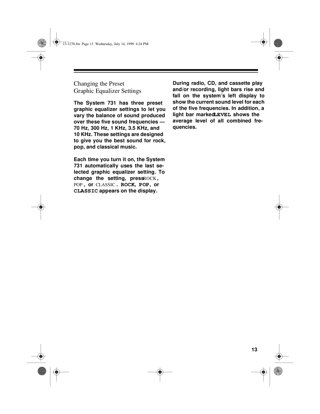 Optimus 731 owner manual Changing the Preset Graphic Equalizer Settings 