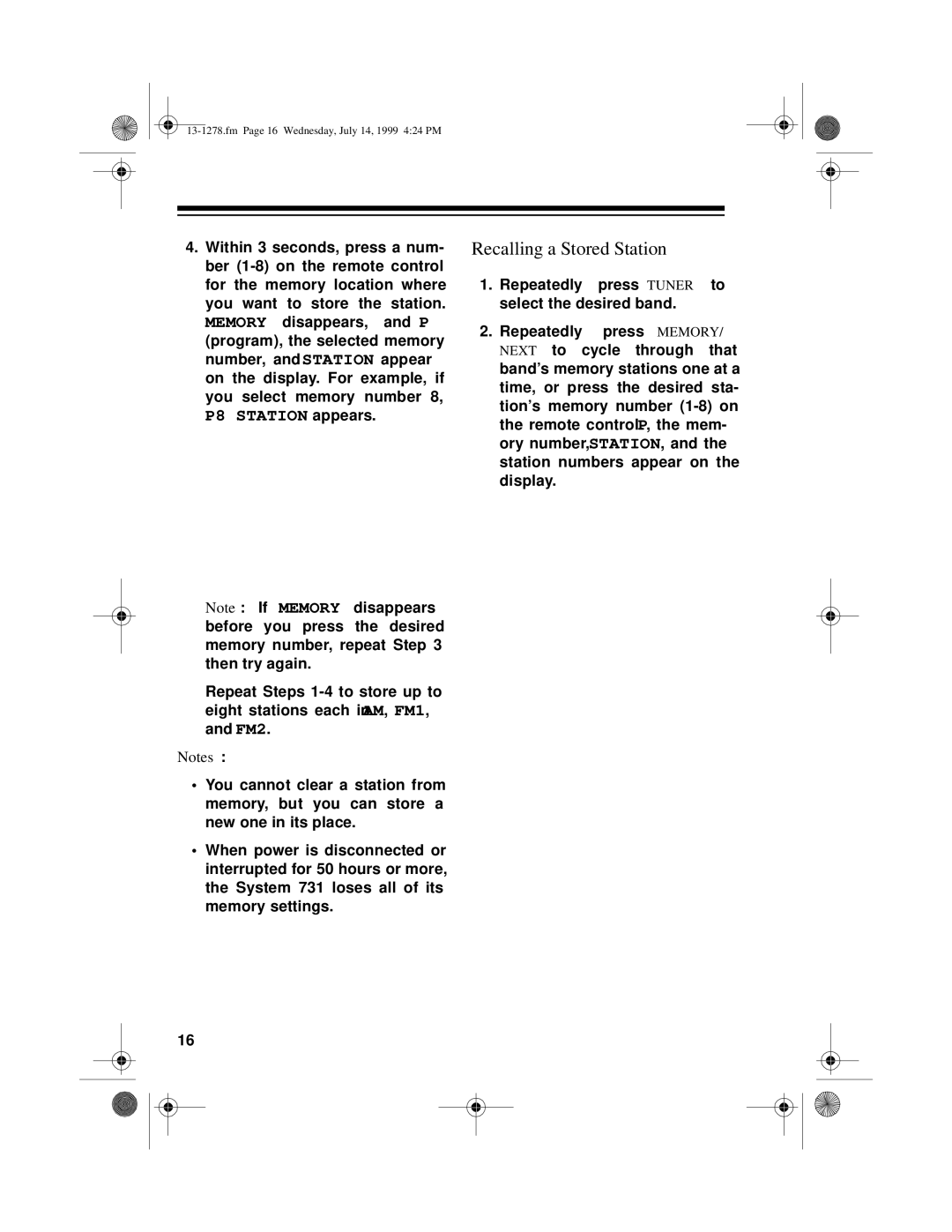 Optimus 731 owner manual Recalling a Stored Station, P8 Station appears 