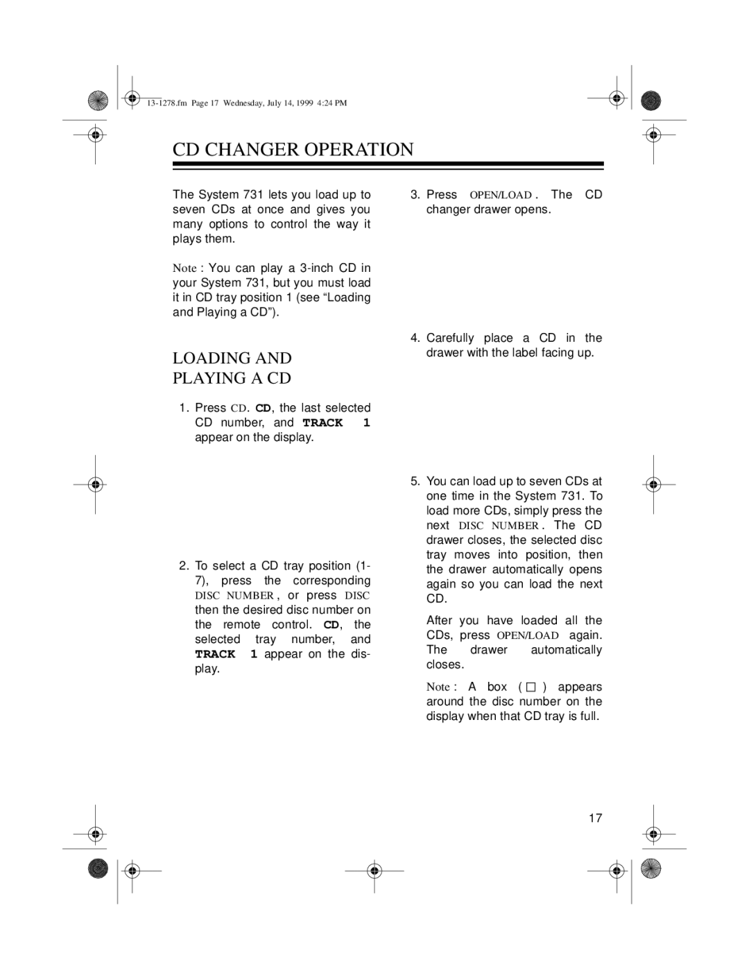 Optimus 731 owner manual CD Changer Operation, Loading Playing a CD 