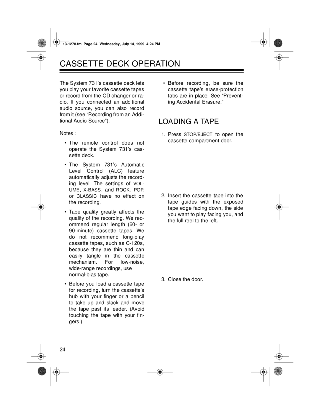 Optimus 731 owner manual Cassette Deck Operation, Loading a Tape 