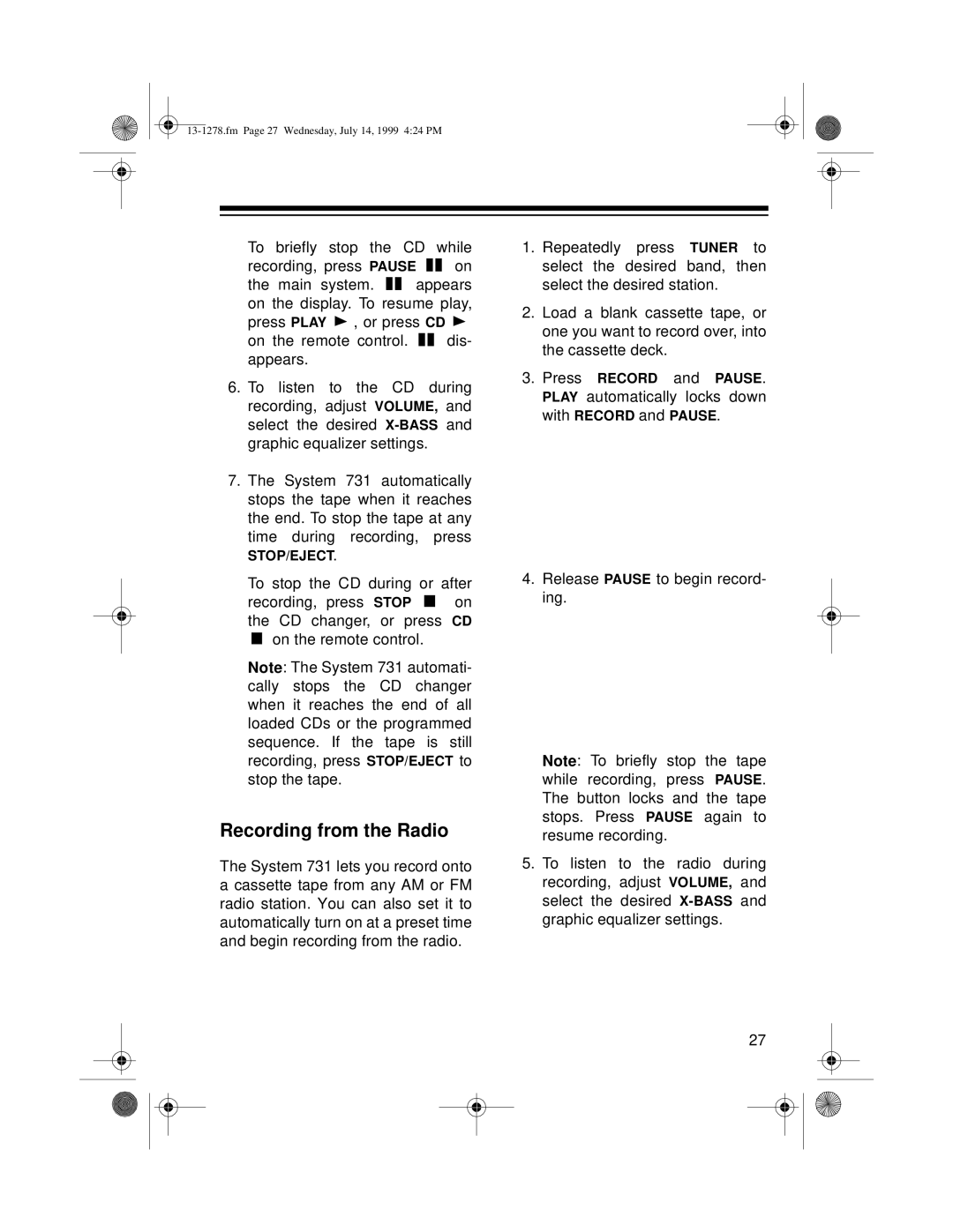 Optimus 731 owner manual Recording from the Radio 