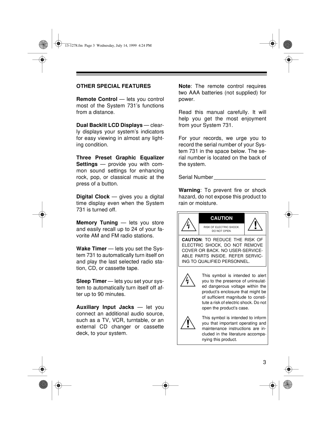 Optimus 731 owner manual Other Special Features 