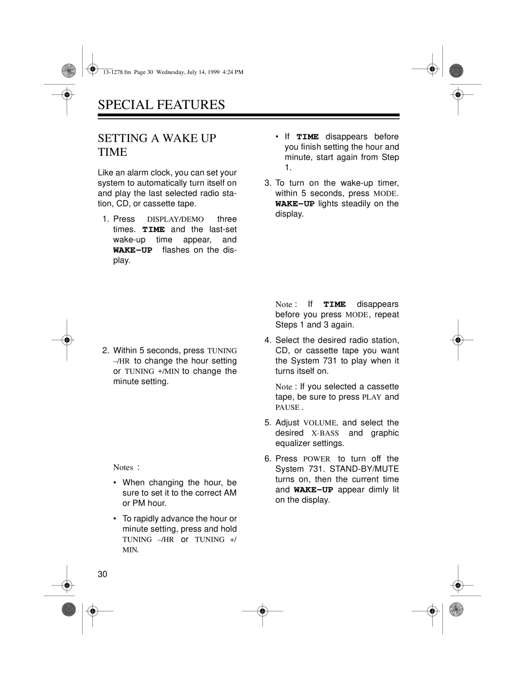 Optimus 731 owner manual Special Features, Setting a Wake UP Time 