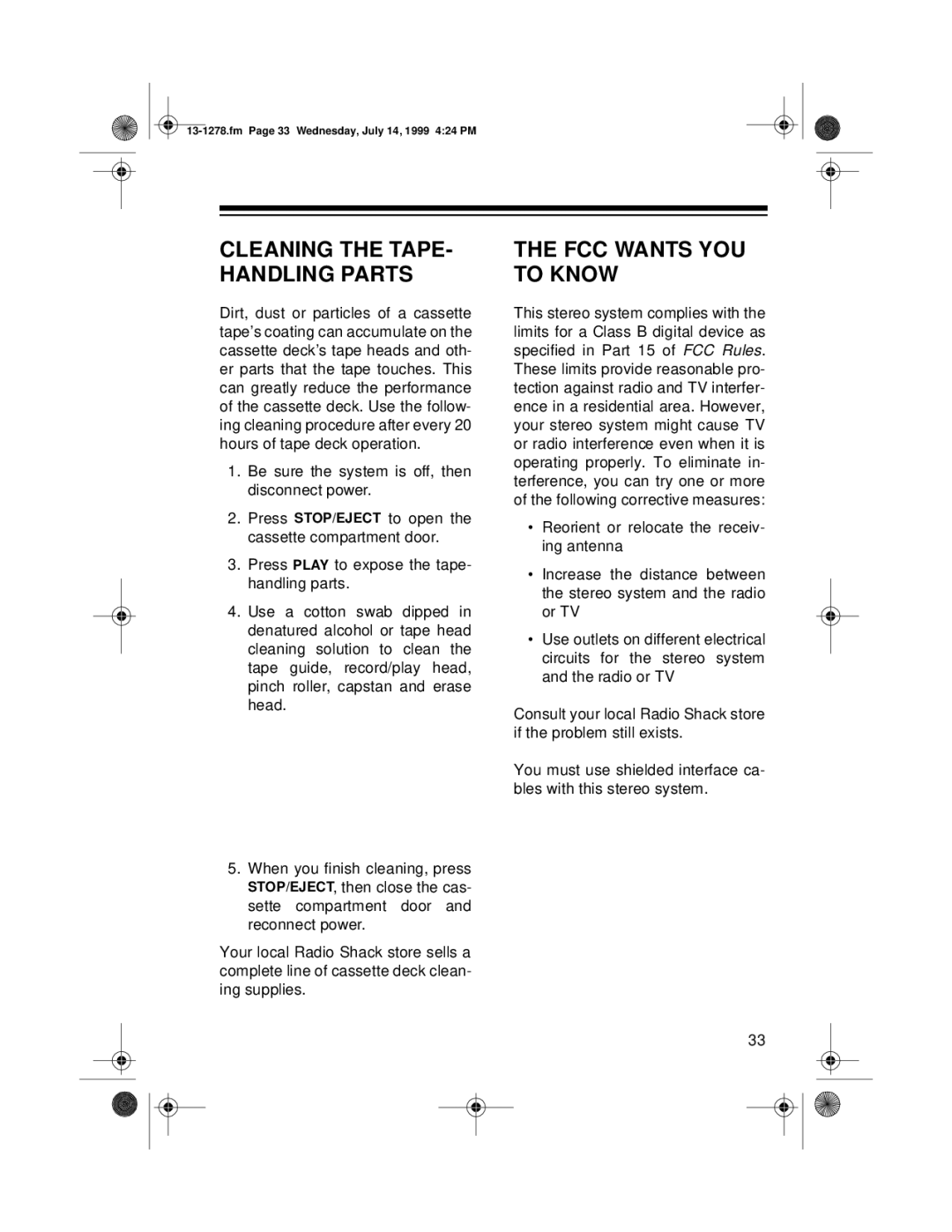 Optimus 731 owner manual Cleaning the TAPE- Handling Parts, FCC Wants YOU to Know 