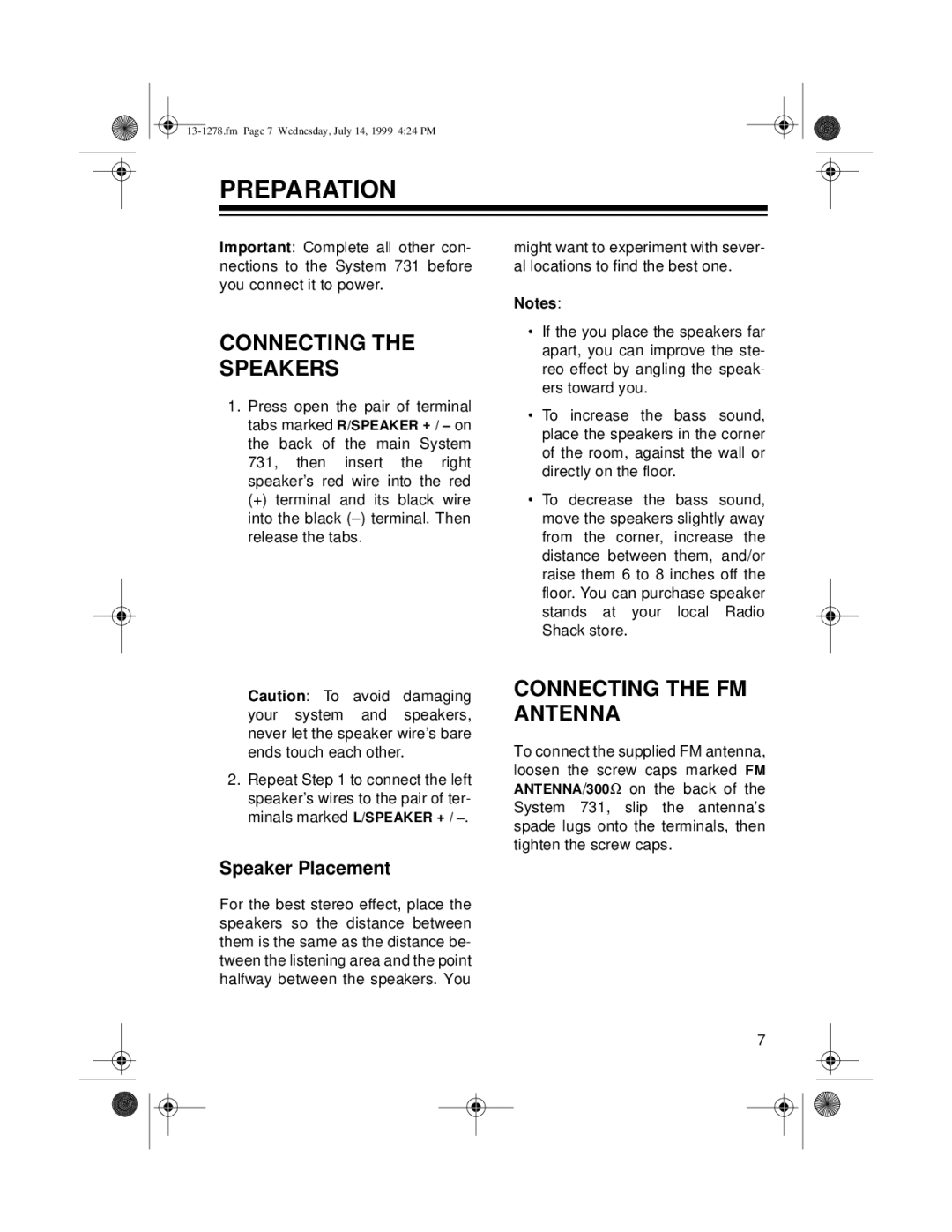 Optimus 731 owner manual Preparation, Connecting the Speakers, Connecting the FM Antenna, Speaker Placement 