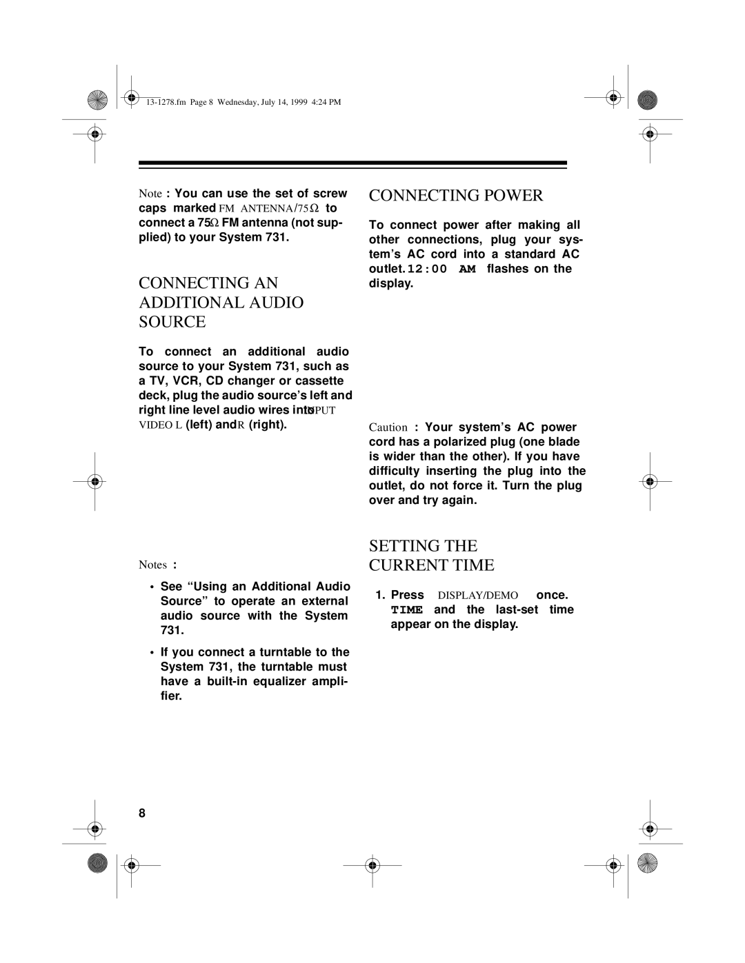 Optimus 731 owner manual Connecting AN Additional Audio Source, Connecting Power, Setting Current Time 