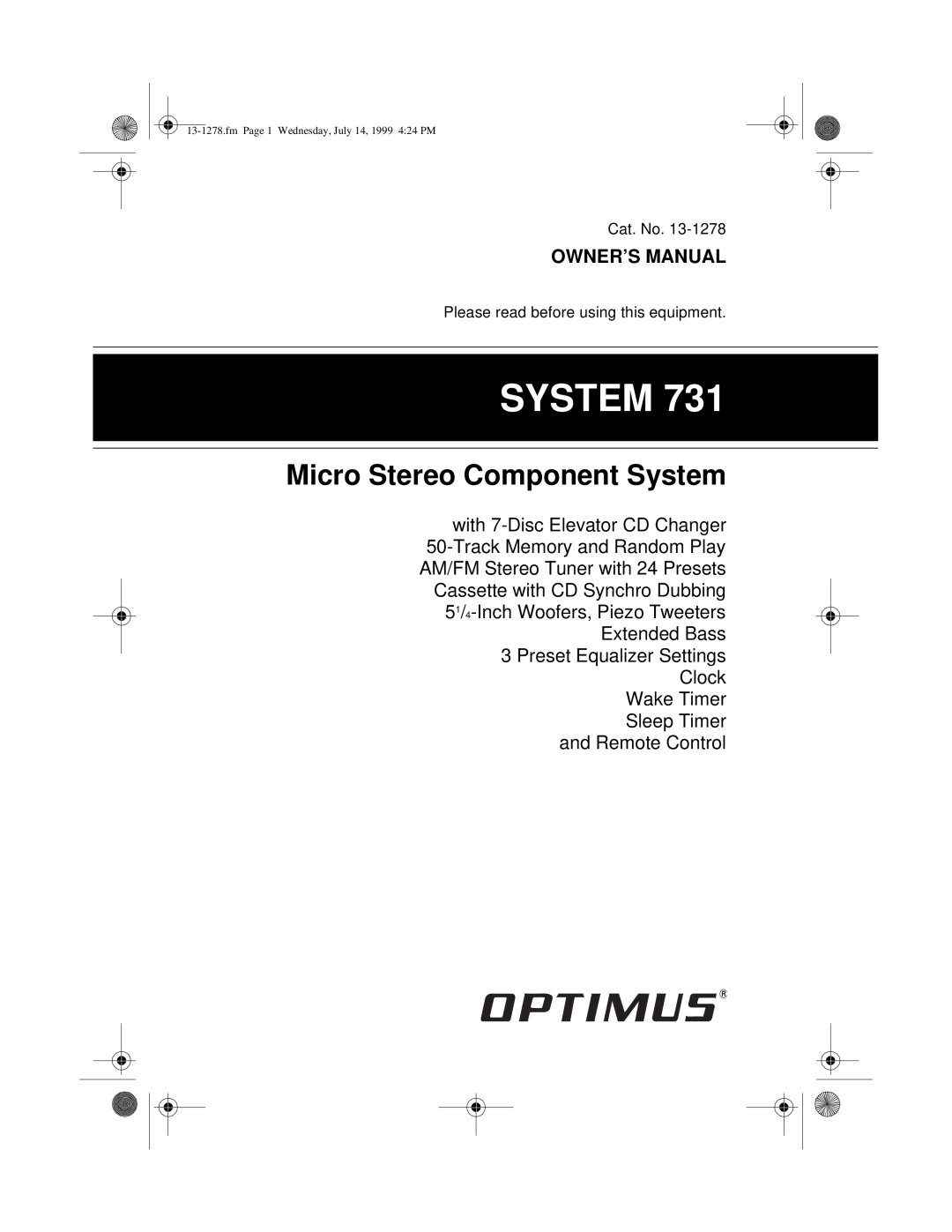 Optimus 731 owner manual Micro Stereo Component System, and Remote Control, fmPage 1 Wednesday, July 14, 1999 4 24 PM 