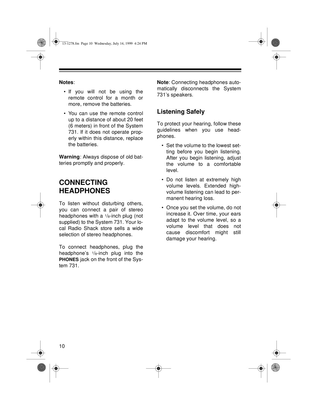 Optimus 731 owner manual Connecting Headphones, Listening Safely 