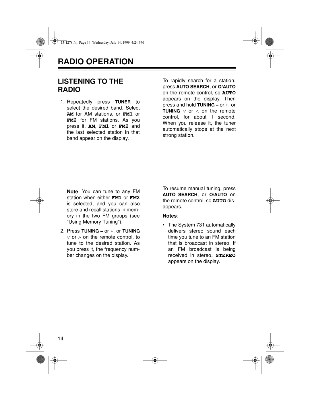 Optimus 731 owner manual Radio Operation, Listening To The Radio 