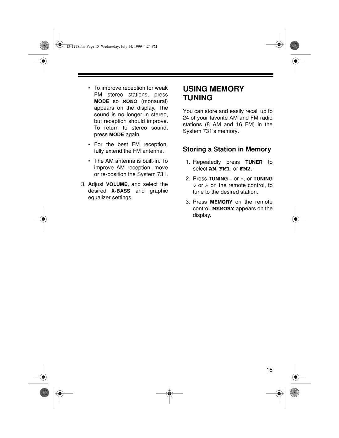 Optimus 731 owner manual Using Memory Tuning, Storing a Station in Memory 