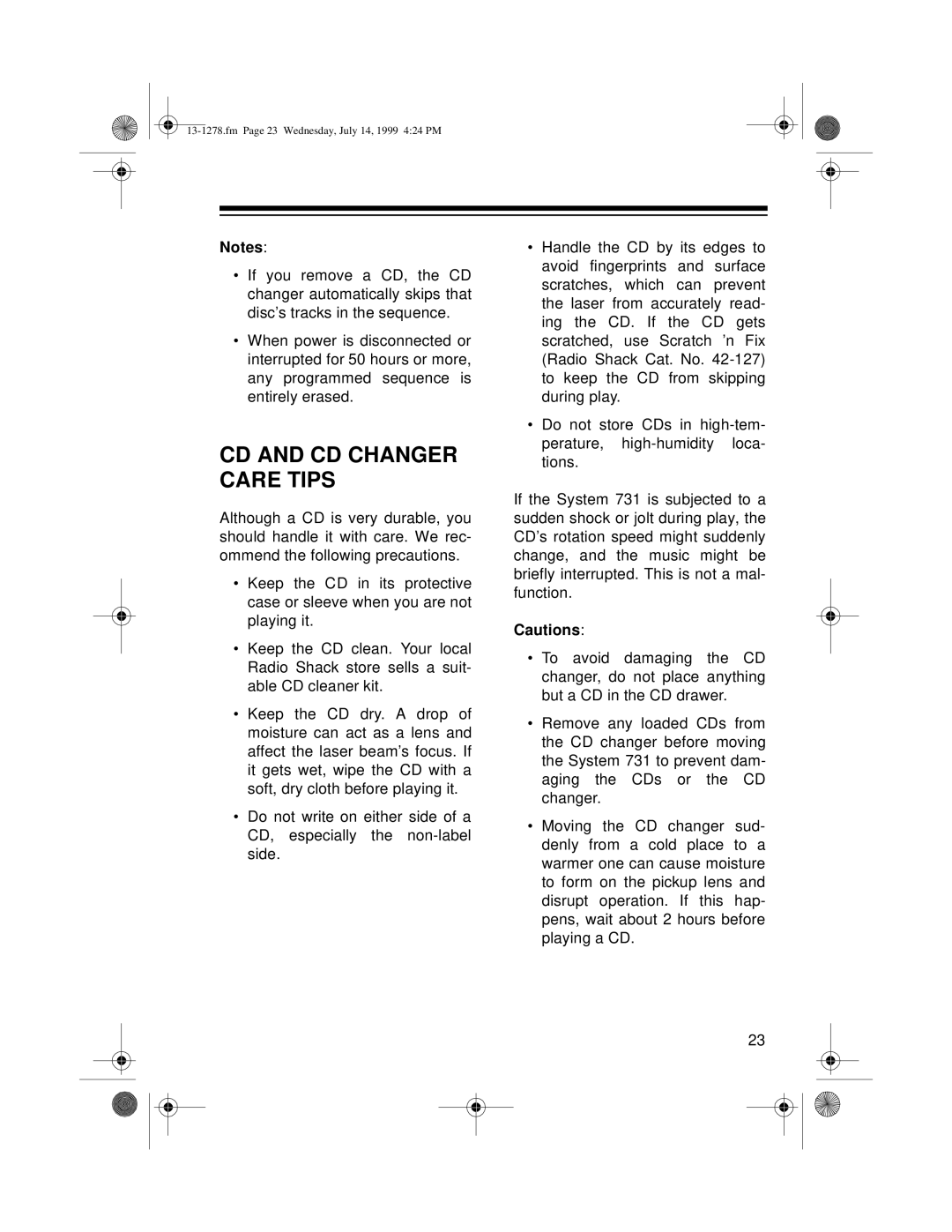 Optimus 731 owner manual Cd And Cd Changer Care Tips, Cautions 