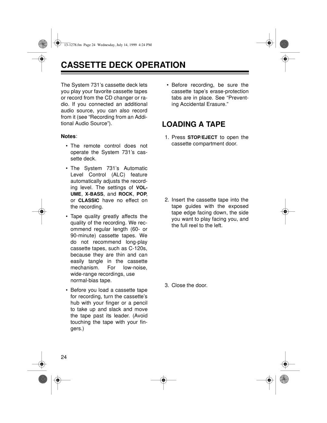 Optimus 731 owner manual Cassette Deck Operation, Loading A Tape 