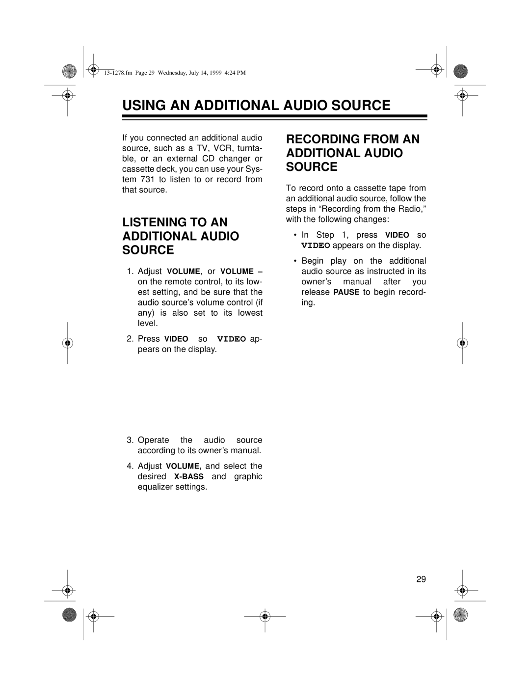 Optimus 731 owner manual Using An Additional Audio Source, Listening To An Additional Audio Source 