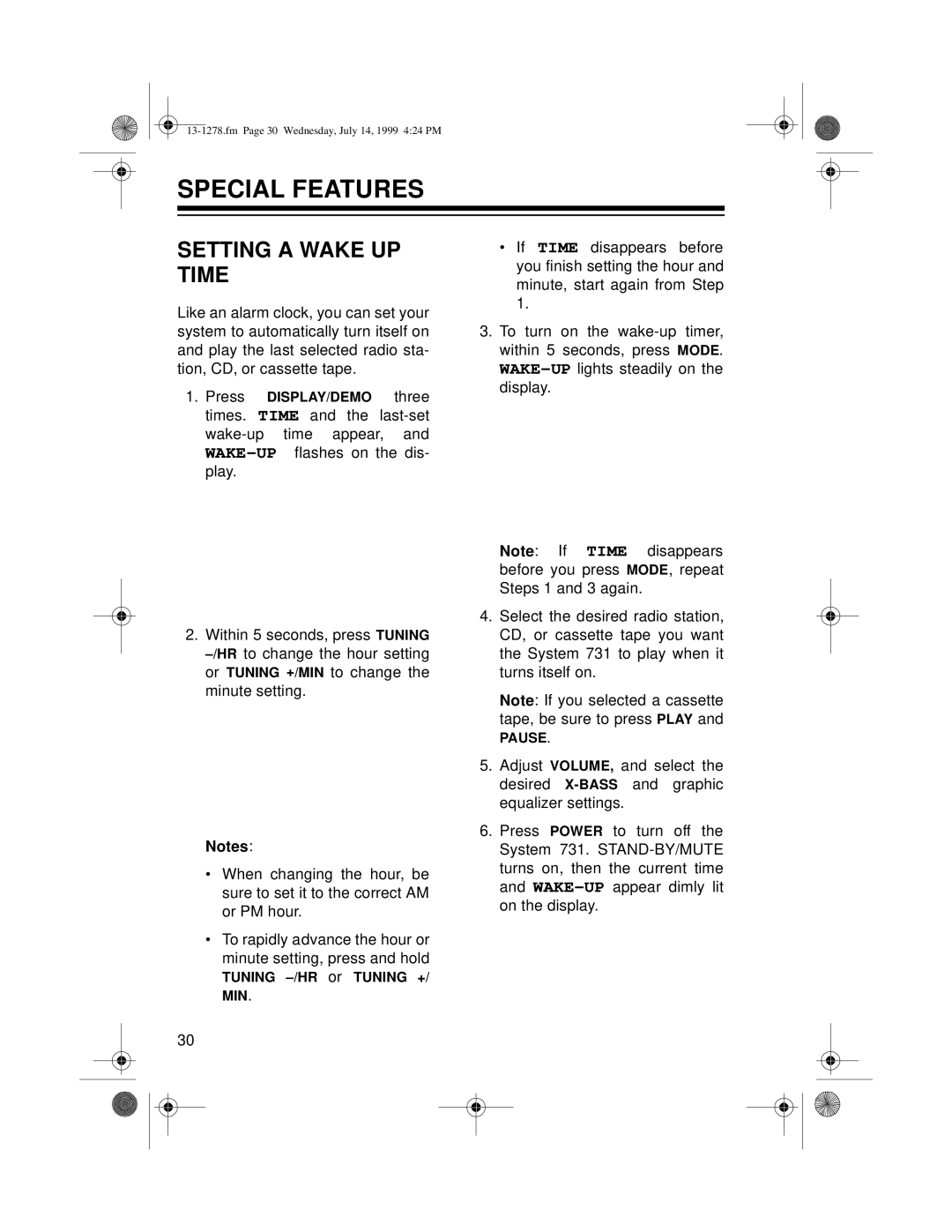Optimus 731 owner manual Special Features, Setting A Wake Up Time 