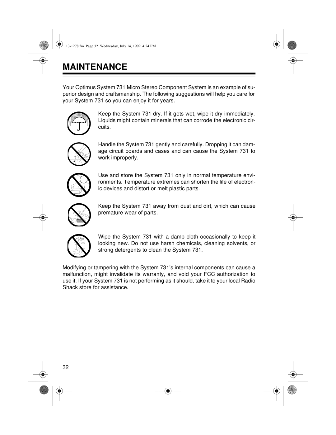 Optimus 731 owner manual Maintenance 