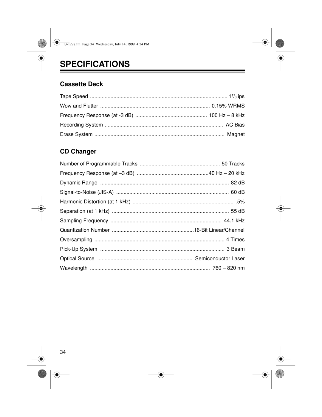 Optimus 731 owner manual Specifications, Cassette Deck, CD Changer 