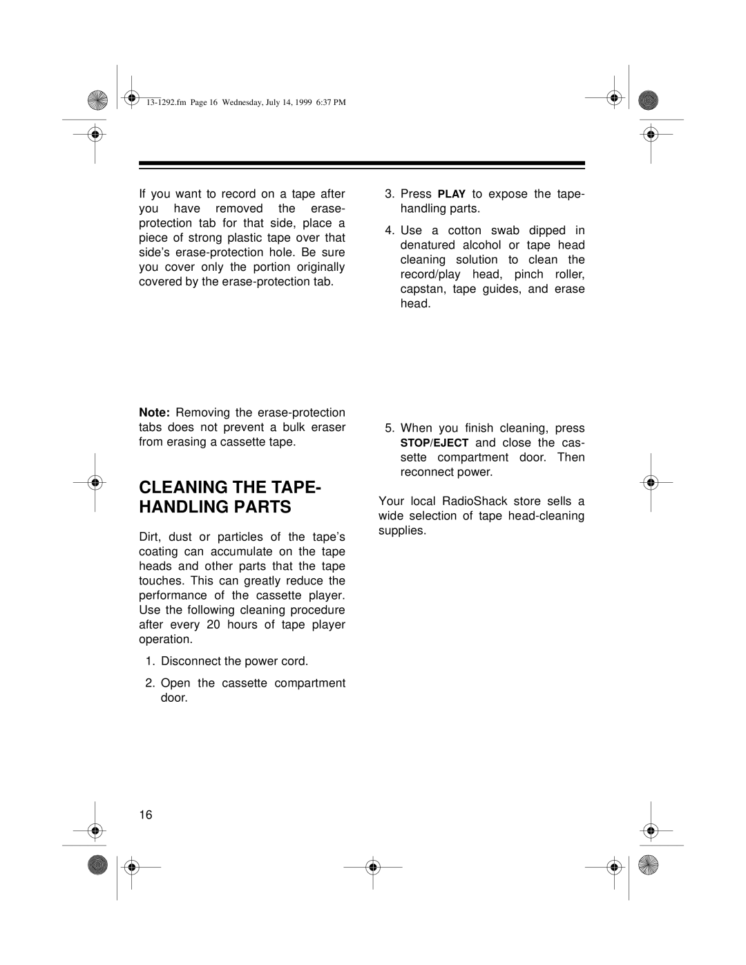 Optimus 739 owner manual Cleaning the TAPE- Handling Parts 