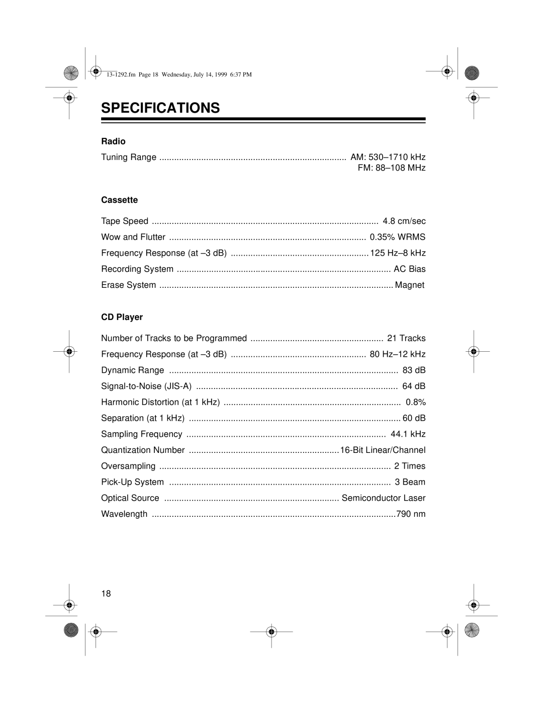 Optimus 739 owner manual Specifications, Cassette 