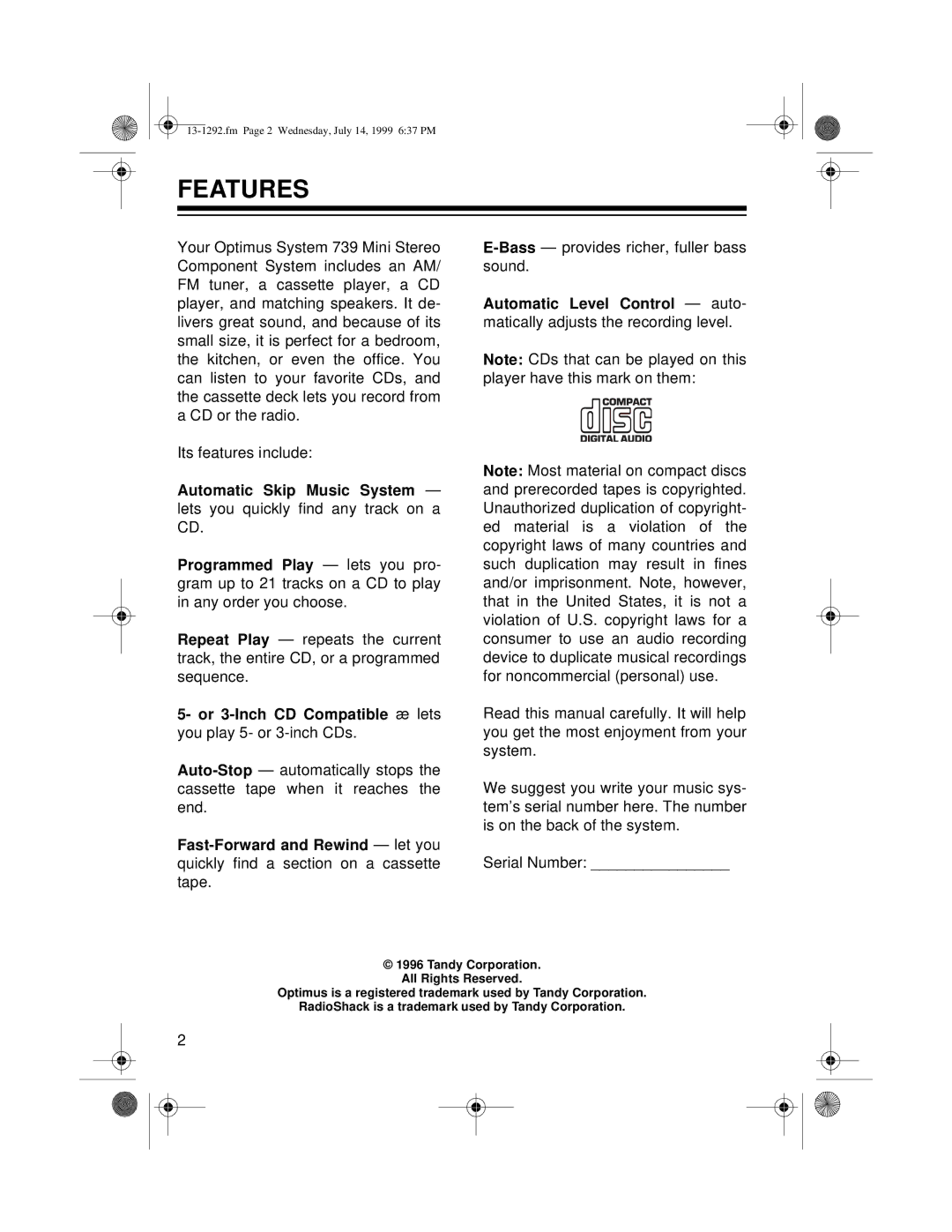 Optimus 739 owner manual Features 