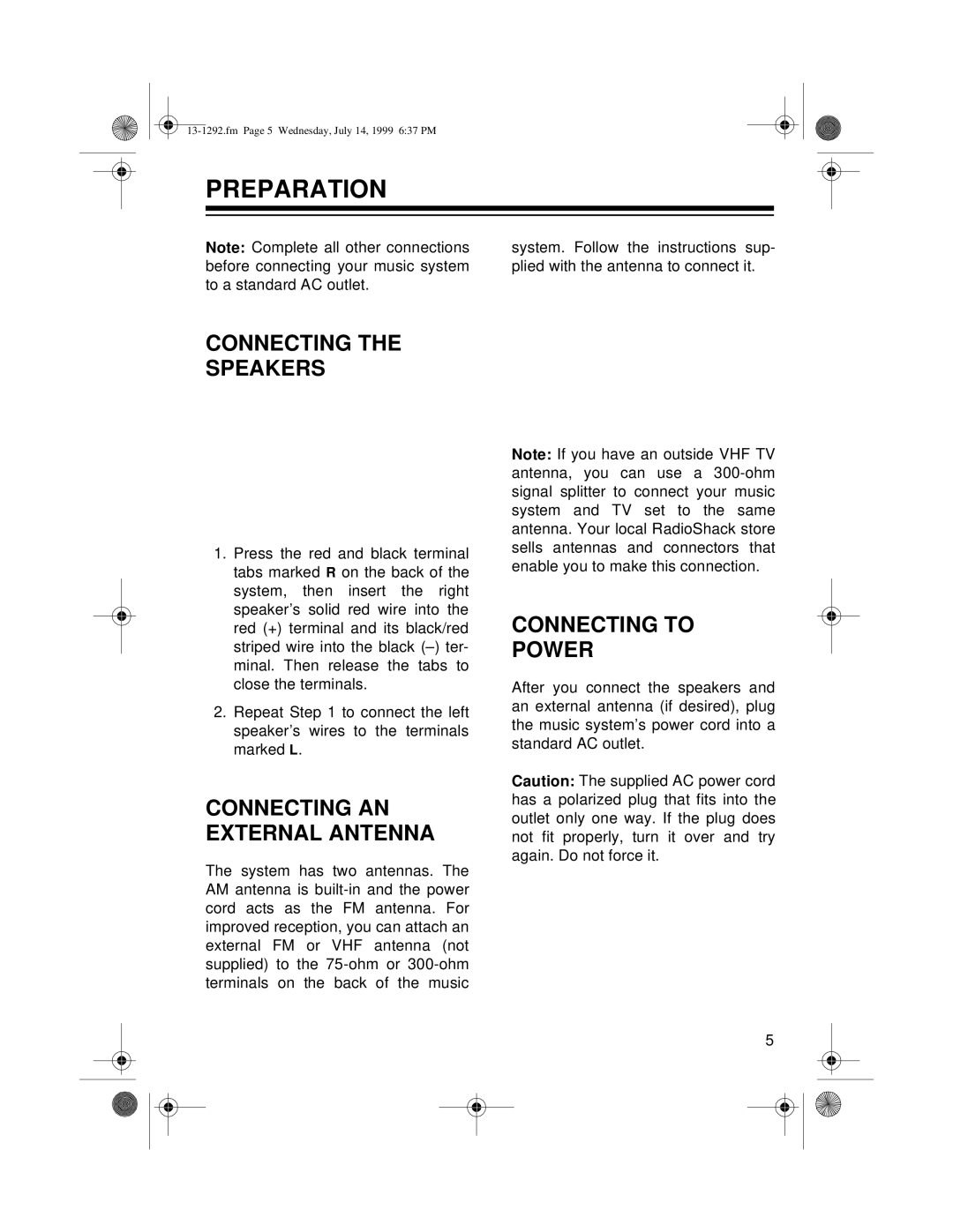 Optimus 739 owner manual Preparation, Connecting Speakers, Connecting AN External Antenna, Connecting to Power 