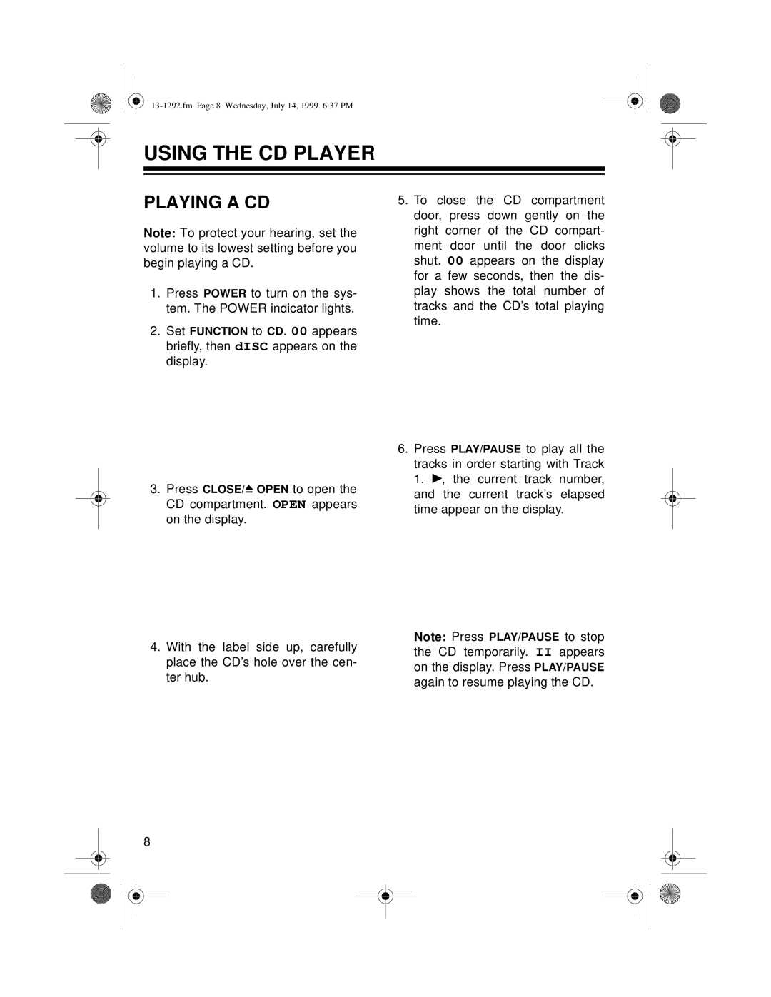 Optimus 739 owner manual Using the CD Player, Playing a CD 