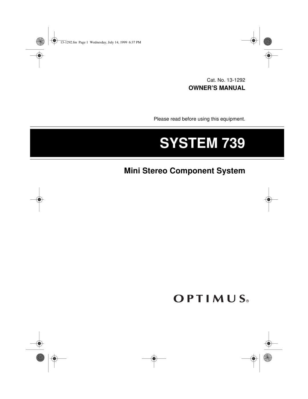 Optimus 739 owner manual Mini Stereo Component System, Owner’S Manual, fmPage 1 Wednesday, July 14, 1999 6:37 PM 