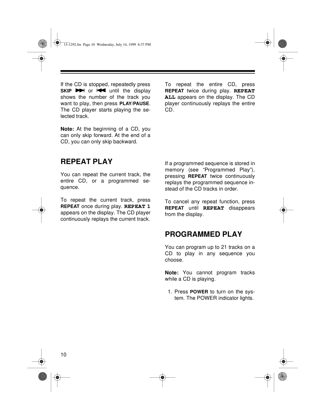 Optimus 739 owner manual Repeat Play, Programmed Play 