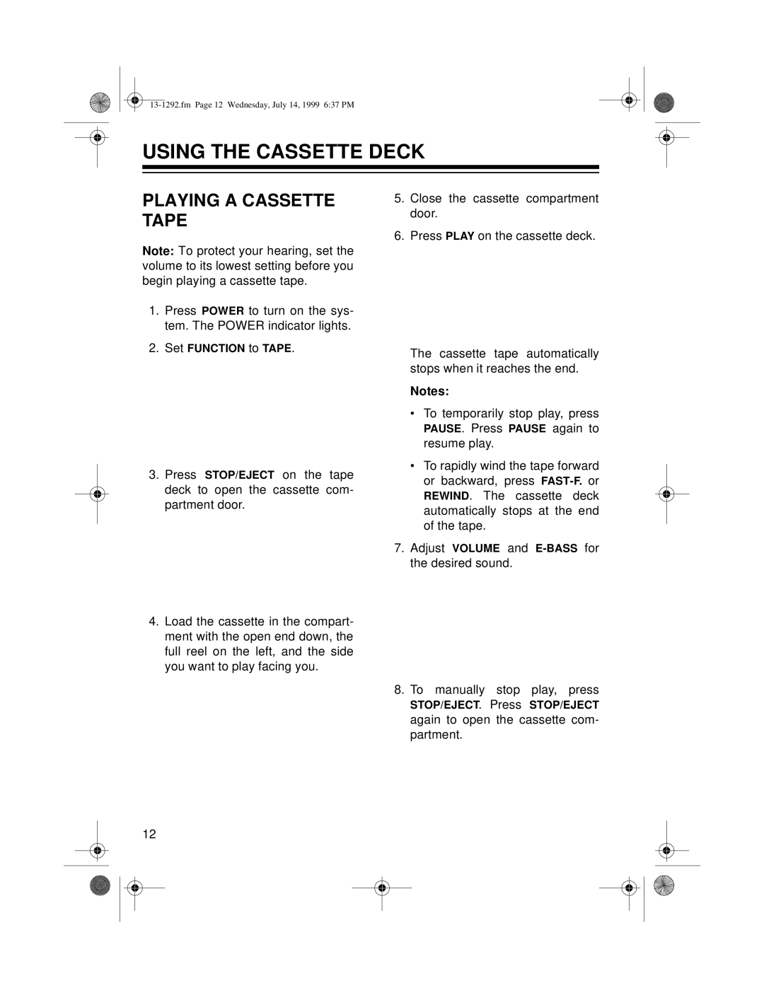 Optimus 739 owner manual Using The Cassette Deck, Playing A Cassette Tape 