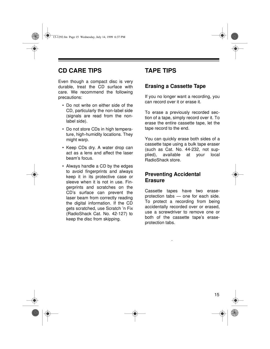 Optimus 739 owner manual Cd Care Tips, Tape Tips, Erasing a Cassette Tape, Preventing Accidental Erasure 