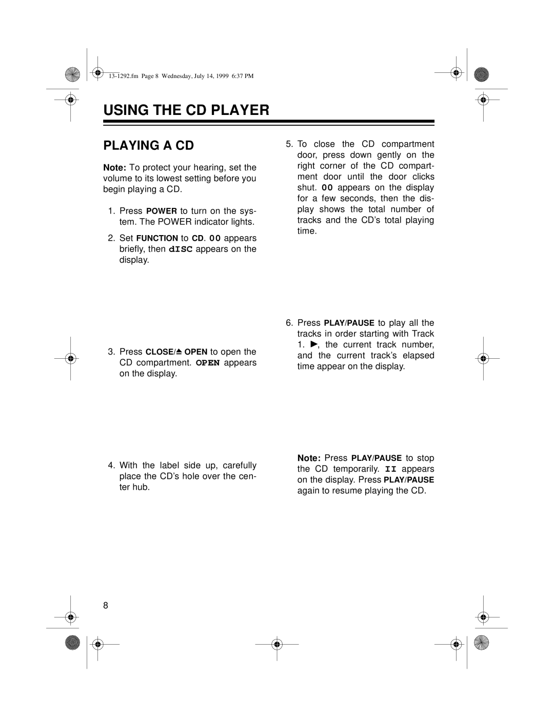 Optimus 739 owner manual Using The Cd Player, Playing A Cd 