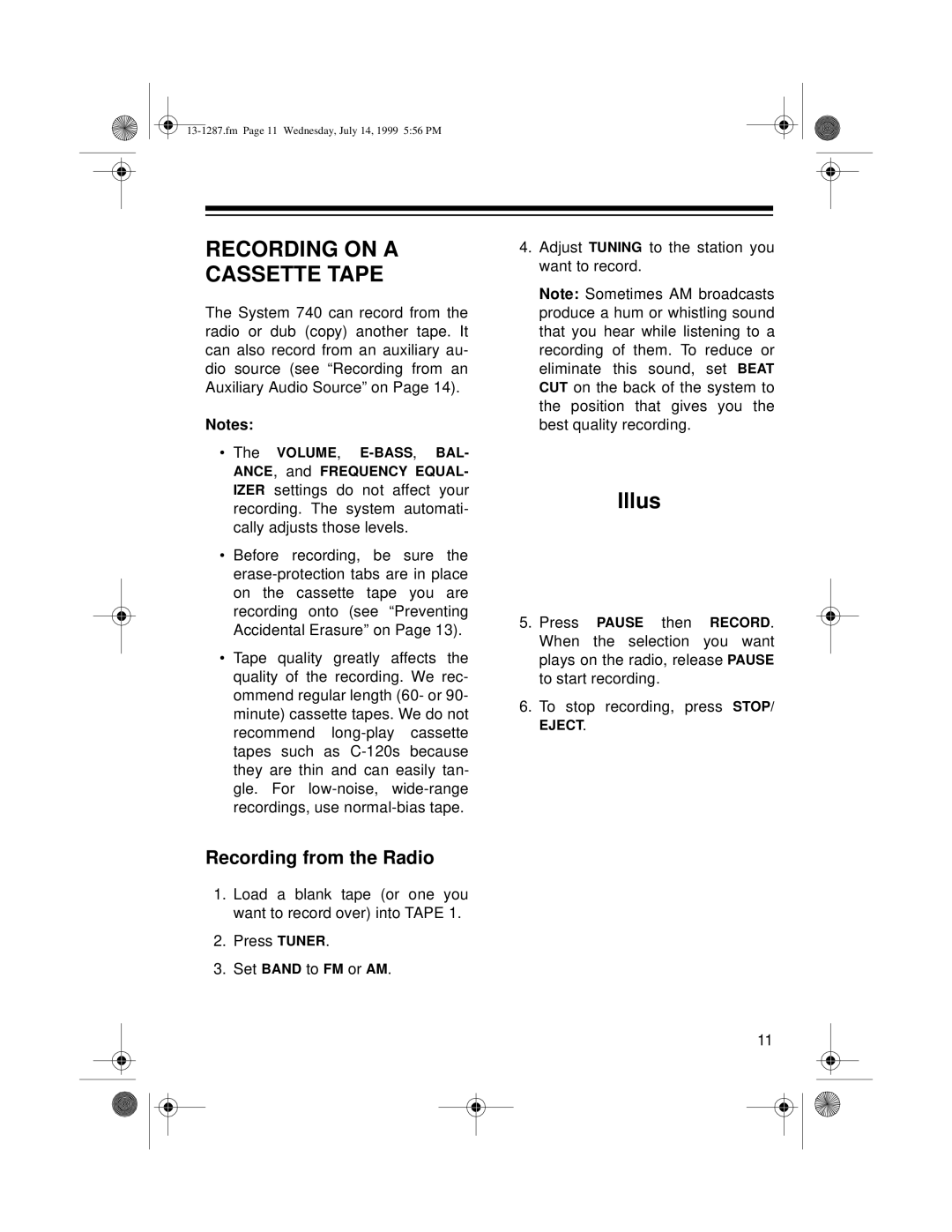 Optimus 740 owner manual Recording on a Cassette Tape, Recording from the Radio 