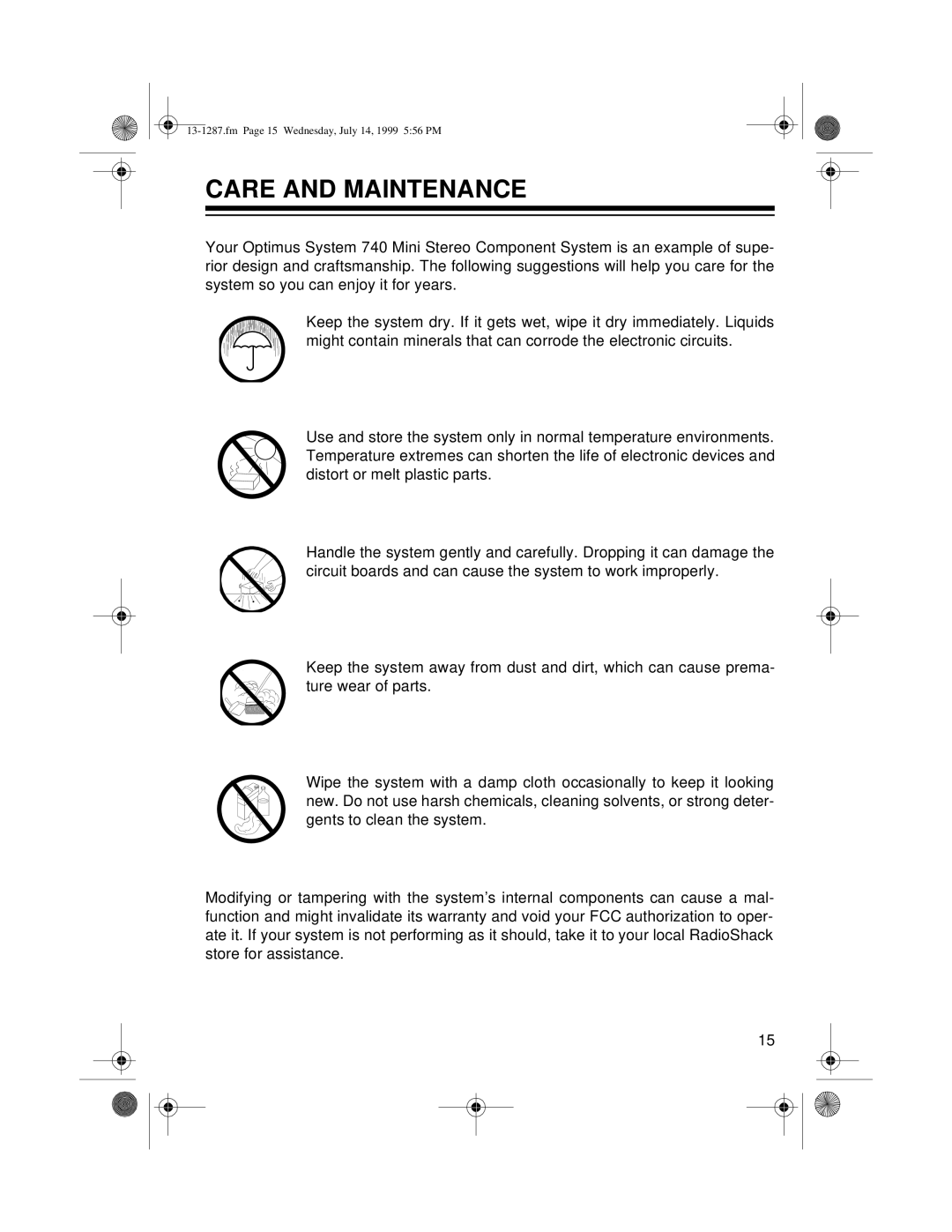 Optimus 740 owner manual Care and Maintenance 